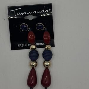 Taramanda Red, Navy & Gold Beaded Drop Earrings – NWT Bold Statement